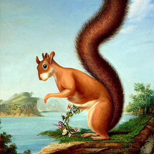 Image similar to a giant squirrel carrying napoleon!!! on its back, beach scene with flowers and foliage, detailed oil painting