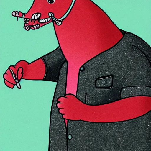 Image similar to illustration of a anthromorphic catfish giving a thumbs up in the style of bojack horseman, by lisa hanawalt