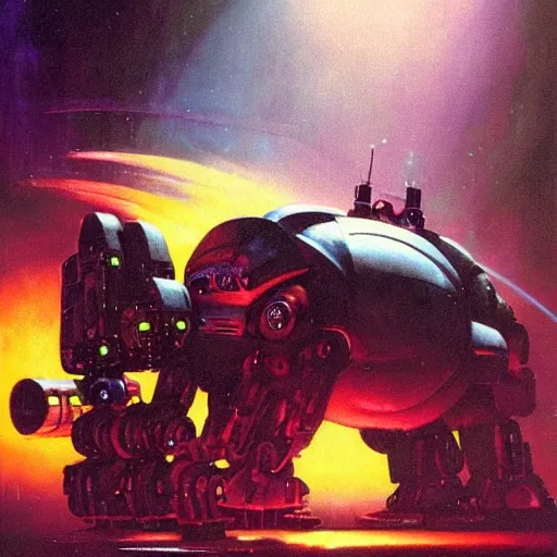 Image similar to a dark and colorful close - up of a sci - fi mecha walrus robot with led lights glowing fog in the background. highly detailed science fiction painting by norman rockwell, frank frazetta, and syd mead. rich colors, high contrast, gloomy atmosphere, dark background. trending on artstation