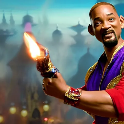 Image similar to will smith as the genie from alladin with a pistol, photo realistic, 8 k, detailed, will smith, alladin