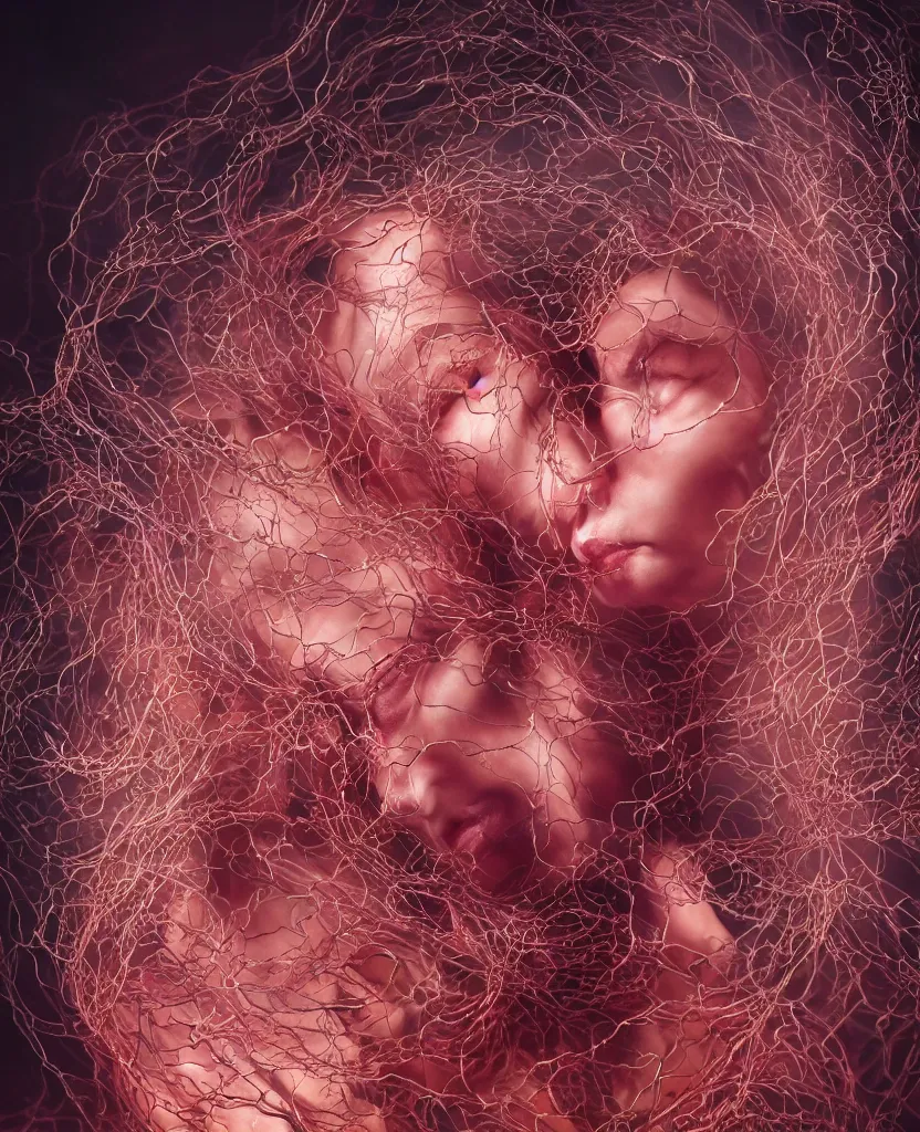 Prompt: beautiful portrait of the priestess of pain and sorrow, intricate tendrils forming a string structure, chaotic swirling ferrofluids, occult, octane render, glow, surreal dramatic lighting, intricate fine ornaments, translucent, lighting 8k, cinematic, blur, shallow depth of field, neuro web, plasma, neon, glimpse of red