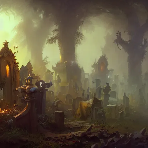 Prompt: a fantasy graveyard, by justin gerard and greg rutkowski, digital art, realistic painting, fantasy, very detailed, trending on artstation