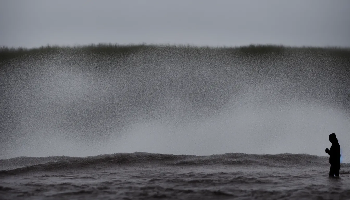 Image similar to silhouette of a person inspecting big wave flood in thin birch wetlands, stormy weather, dark, atmospheric, ambient vibe, very detailed, 8 k
