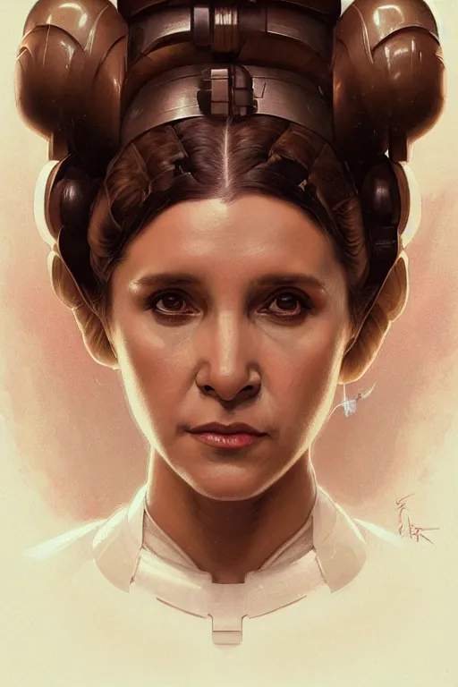 Image similar to portrait of princess leia, star wars, upper body, fantasy, intricate, elegant, highly detailed, digital painting, artstation, concept art, smooth, sharp focus, key light, illustration, art by artgerm and greg rutkowski and alphonse mucha