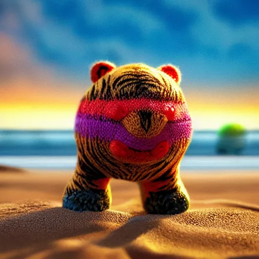 Image similar to a closeup photorealistic photograph of a cute smiling knitted tiger hippopotamus chasing a beachball at sunset. surf in the background. professional capture. this 4 k hd image is trending on artstation, featured on behance, well - rendered, extra crisp, features intricate detail, epic composition and the style of unreal engine.