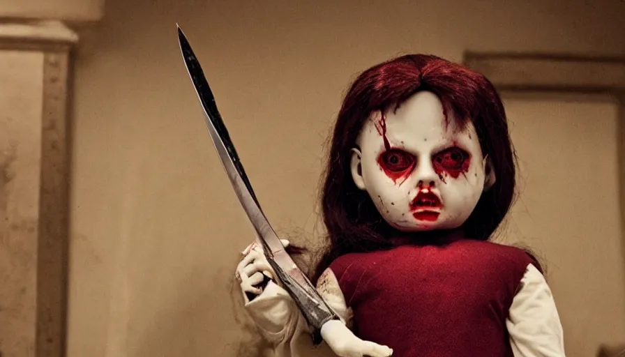 Prompt: big budget horror movie about an evil killer doll holding a bloody knife