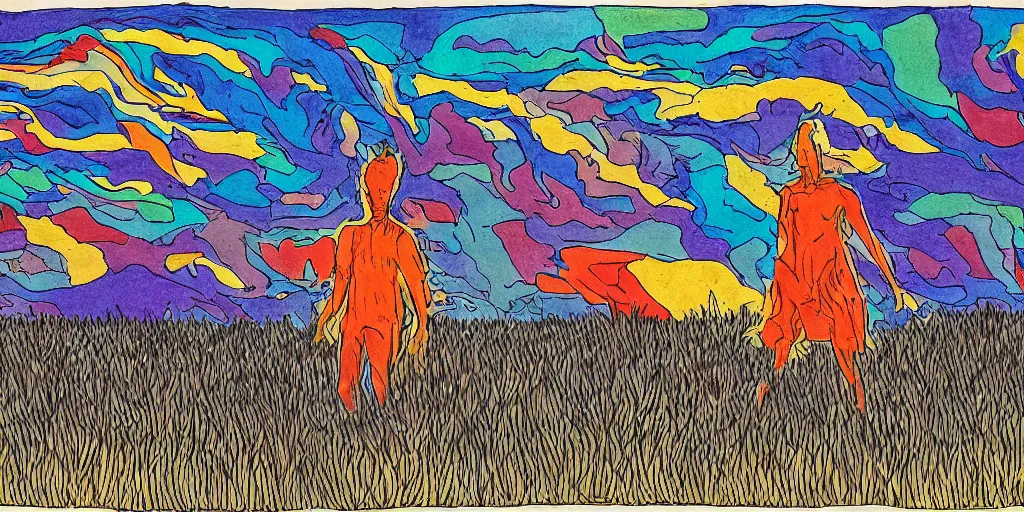 Prompt: color ink drawing depicting what it feels like to wander the great plains as a ghost with depression, OCD, and a personality disorder. 16K resolution. vivid light and colors. took a month straight to draw this image.