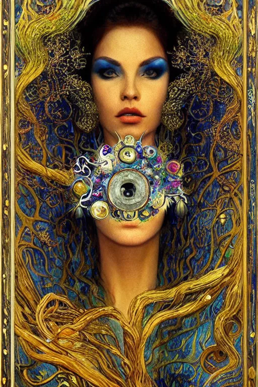 Image similar to The Someday Box by Karol Bak, Jean Deville, Gustav Klimt, and Vincent Van Gogh, mystic eye, otherworldly, elegant donation box, beautiful elaborate jeweled reliquary, tendrils of smoke escaping from the keyhole of a box, spiraling wisps of colorful mist, lightning, fractal structures, arcane, inferno, inscribed runes, infernal relics, ornate gilded medieval icon, third eye, spirals