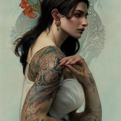 Prompt: ultra realistic illustration, a hot brunette tattooed slavic woman in her late 2 0's, intricate, elegant, highly detailed, digital painting, artstation, concept art, smooth, sharp focus, illustration, art by artgerm and greg rutkowski and alphonse mucha