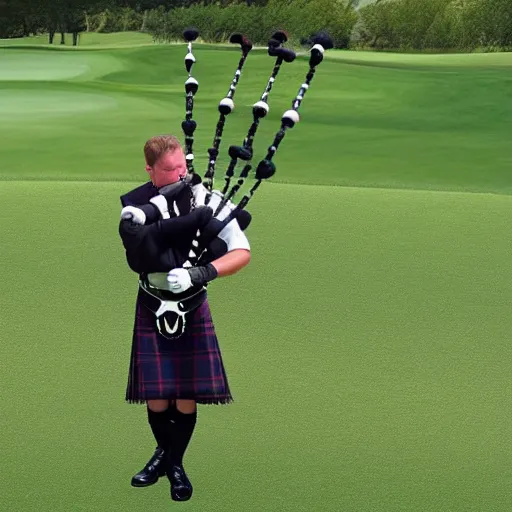 Image similar to a yellowjacket hornet playing bagpipes on a golf course, realistic, hyper realistic, intricate