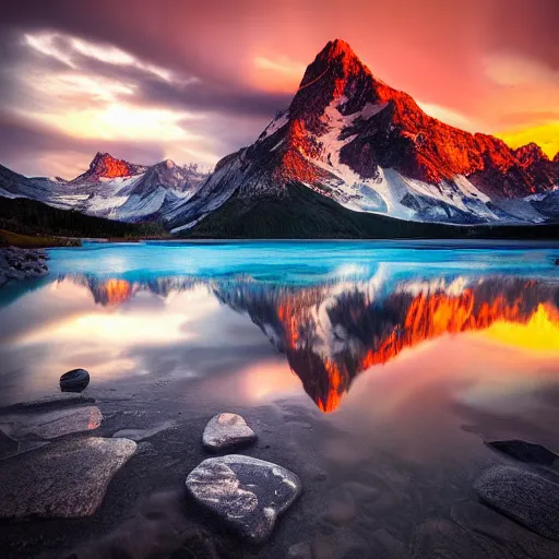 Prompt: landscape photography by marc adamus, glacial lake, sunset, dramatic lighting, mountains, clouds, beautiful'gives instant pleasant looking photography - like images