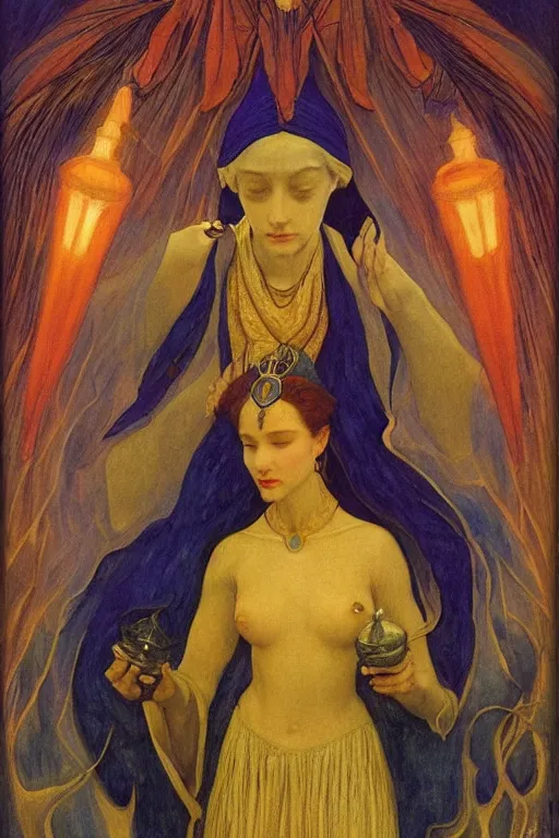 Image similar to queen of the new dawn with her lantern, by Annie Swynnerton and Nicholas Roerich and jean delville, dramatic cinematic lighting , ornate headdress , flowing robes, lost civilizations, extremely detailed