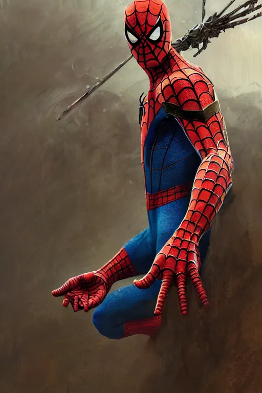 Image similar to spiderman, legendary warrior, heroic fighter, world of warcraft, decorative ornaments, battle armor, by carl spitzweg, ismail inceoglu, vdragan bibin, hans thoma, greg rutkowski, alexandros pyromallis, perfect face, sharply focused, sharply detailed, centered, rule of thirds, realistic shading