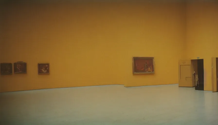 Image similar to 60s movie still of a sovietic stalinist style empty art museum with a soviet congress with yellow wall, LOMOGRAPHY REDSCALE 100, liminal Space style, heavy grain