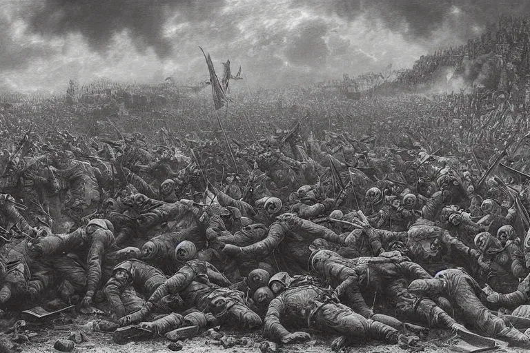 Prompt: highly detailed painting of world war 2, symmetrical, masterpiece, highly detailed painting by gustave dore