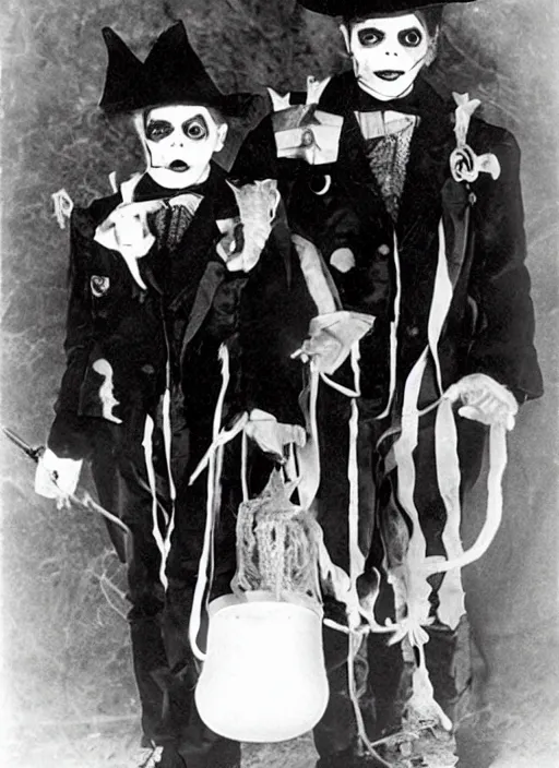 Image similar to photograph from 1905 of Halloween trick or treaters wearing Michael Jackson Thriller costumes, highly detailed, vintage film