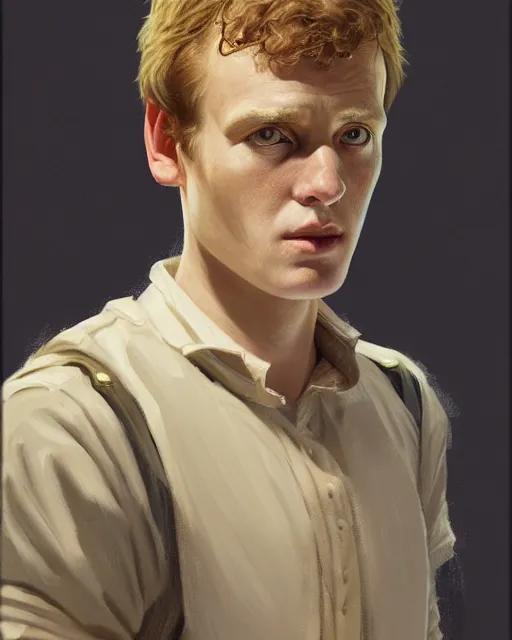 Image similar to medium - shot oil portrait of vislor turlough played by mark strickson at age 1 8, drawing in a sketchbook, from doctor who series, artstation, highly detailed digital painting, smooth, global illumination, fantasy art by greg rutkowsky, karl spitzweg, leyendecker