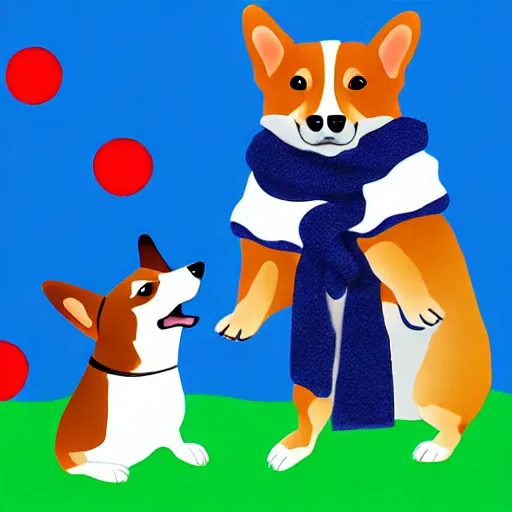 Image similar to illustration of french boy playing football with a corgi wearing a polka dot scarf in paris