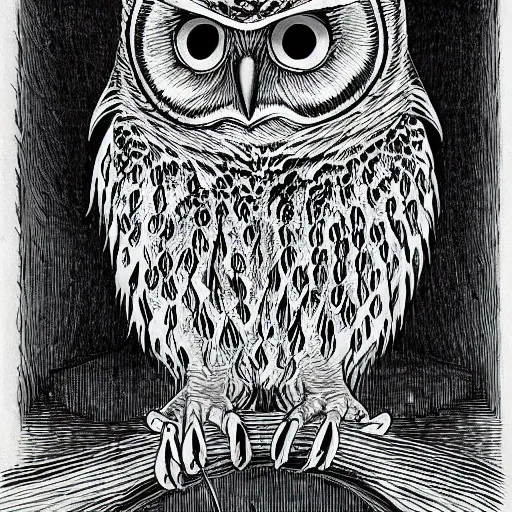 Image similar to A wise owl by Kentaro Miura, highly detailed, black and white