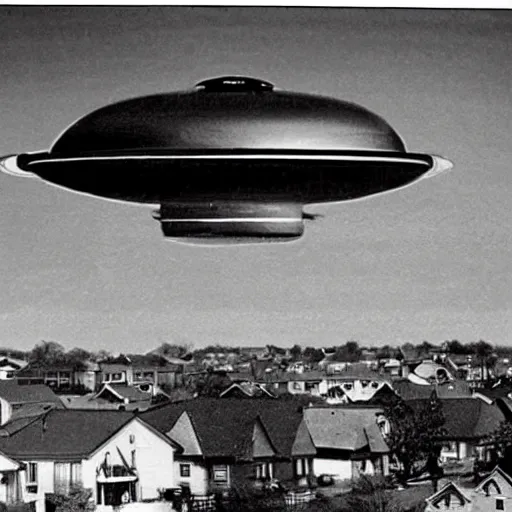 Prompt: flying saucer over suburban houses, grainy 1950s newspaper photo