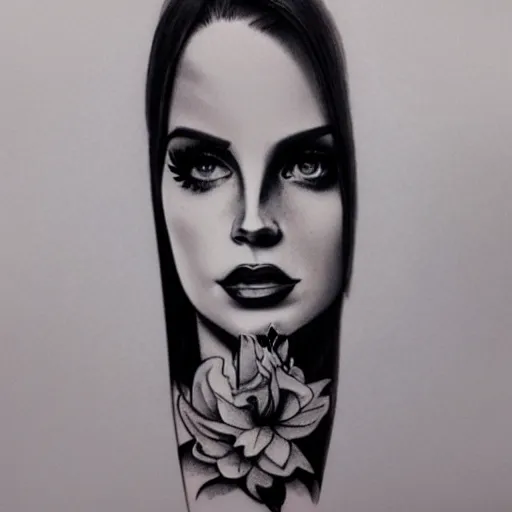 Image similar to Lana del rey tattoo design, photorealistic, dramatic