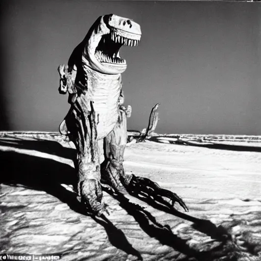 Image similar to a mummified t-rex corpse found in the artic with a man standing next to the t-rex corpse and waving at the camera, he is wearing a white full body suit, taken by a ww2 camera.