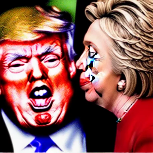 Image similar to realistic portrait of Donald trump kissing Hillary Clinton, hyperrealistic