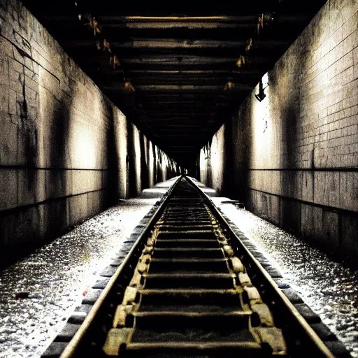 Prompt: dark partially flooded subway tunnel, eerie, creepy, spooky, liminal, liminal space, surreal,