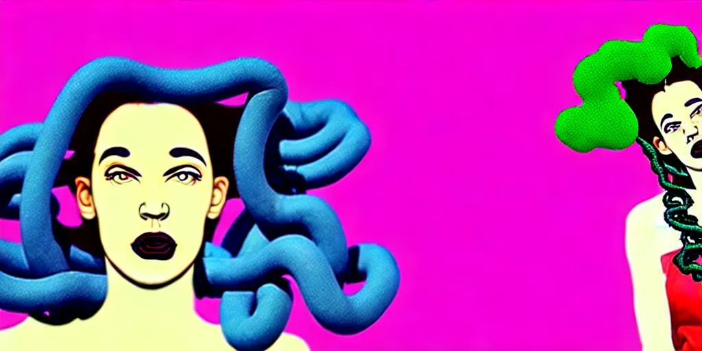 Prompt: modern sculpture, young woman as medusa as miranda sings, multiple poses, vaporwave, distorted vhs still