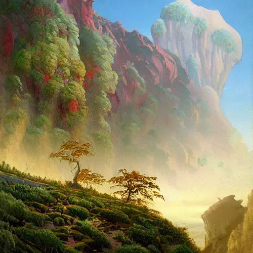 Image similar to painting of a lush natural scene on an alien planet by wojchiech siudmak. beautiful landscape. weird vegetation. cliffs and water.