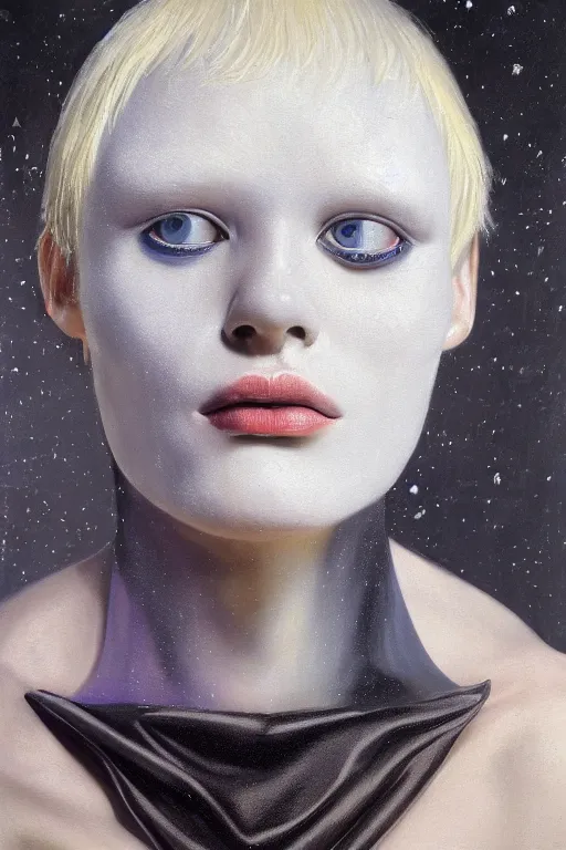 Image similar to hyperrealism oil painting, close - up portrait of albino medieval fashion model, black silk, steel gradient mixed with nebula sky, in style of baroque