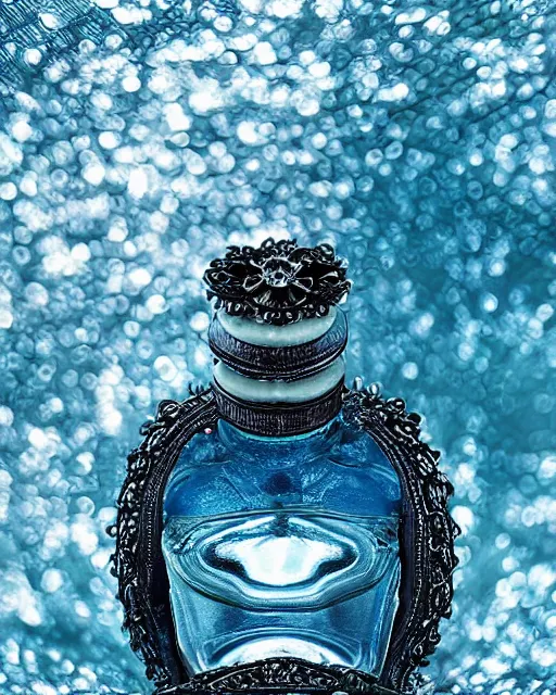 Prompt: natural light, soft focus extreme close up of a perfume bottle on a lilpad in the water, blue bioluminescent plastics, smooth shiny metal, elaborate ornate head piece, piercings, skin textures, by annie leibovitz, paul lehr