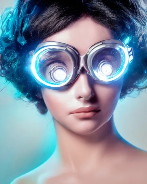 Prompt: centered portrait of soulful young elizabeth taylor as a solarpunk mecha humanoid robotic parts wearing crystal goggles with bright led lights, real human face, pudica gesture bouguereau style, in white room, ultra - realistic and intricate, soft portrait shot 8 k