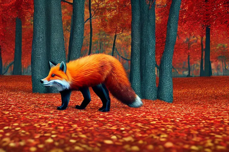 Image similar to super detailed color lowpoly art, red fox in an autumn maple forest, unreal engine, retrowave color palette, 3 d render, lowpoly, colorful, digital art, perspective