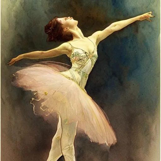 Image similar to a beautifull intricate watercolour painting of a dancing ballerina, reflexions, verry high details by william turner art, greg rutkowski and alphonse mucha, trending on artstation, very very detailed, masterpiece, muted colors