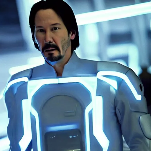 Prompt: keanu reeves in tron legacy city, dressed as a citizen of the city, award winning photography