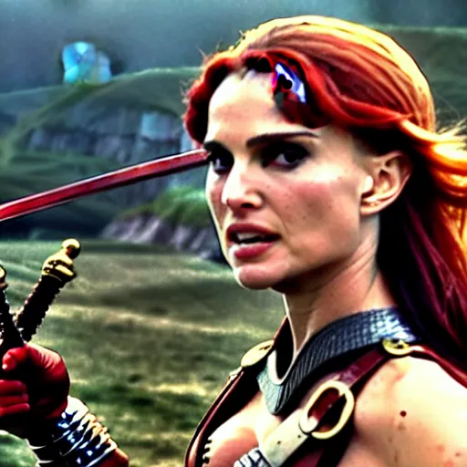 Image similar to natalie portman as red sonja, battle scene