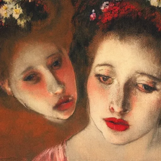 Prompt: girl, in flowers, red lipstick on her face, looks ember heard , Edgar Degas style