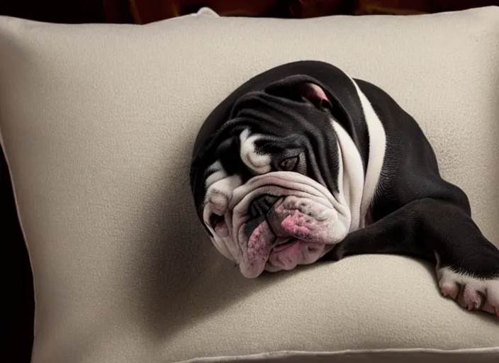 Image similar to a closeup, 4 5 mm, portrait of a sleeping english bulldog in a bed, on a pillow, candle light, 4 5 mm, by franz lanting