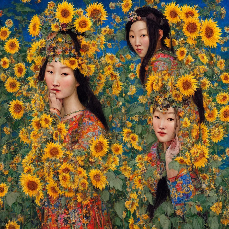 Prompt: a beautiful mongolian woman wearing colourful face paint surrounded by bright intricate patterns of sunflowers and other plants, by edgar maxence and caravaggio and michael whelan, intricate painting, hyperrealistic, finely detailed and beautiful aesthetic face, 8 k resolution