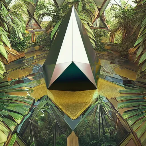 Prompt: peter tarka, minimalistic, hyperrealistic surrealism, award winning masterpiece with incredible details, epic stunning, a highly reflective chrome octahedron in a tropical greenhouse, highly detailed, trending on ArtStation, artgerm and greg rutkowski and alphonse mucha, daily deviation, IAMAG