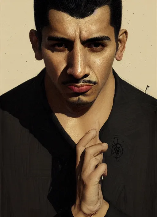 Prompt: portrait of a hispanic man with a crooked nose and a confident expression, 1 9 6 0 s, black clothes, punk, funk, intricate, elegant, highly detailed, digital painting, artstation, concept art, smooth, sharp focus, illustration, art by wlop, mars ravelo and greg rutkowski