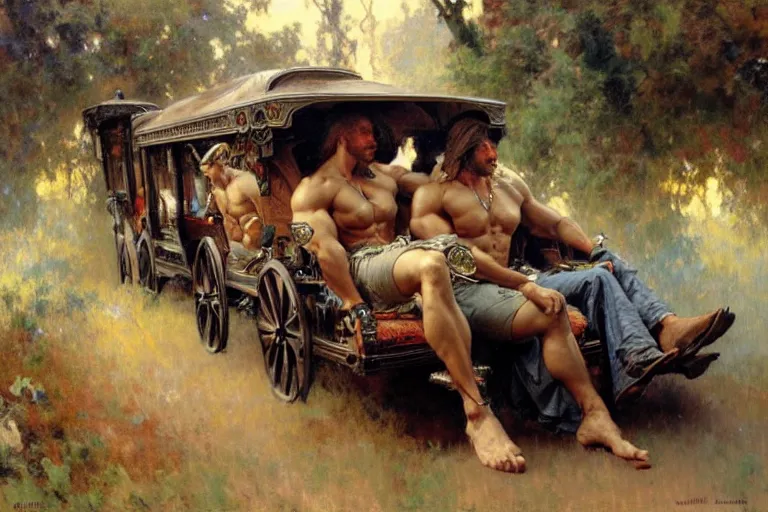 Image similar to 2 muscular attractive men sitting on a coach, painting by gaston bussiere, craig mullins, greg rutkowski, alphonse mucha