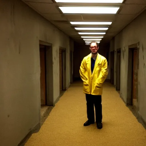 Image similar to flash low quality photograph of a male scientist wearing a lab coat in the backrooms, mustard - yellow old moldy moist carpet room, empty liminal space, very dark shadows, broken fluorescent lighting, horror movie scene, film grain