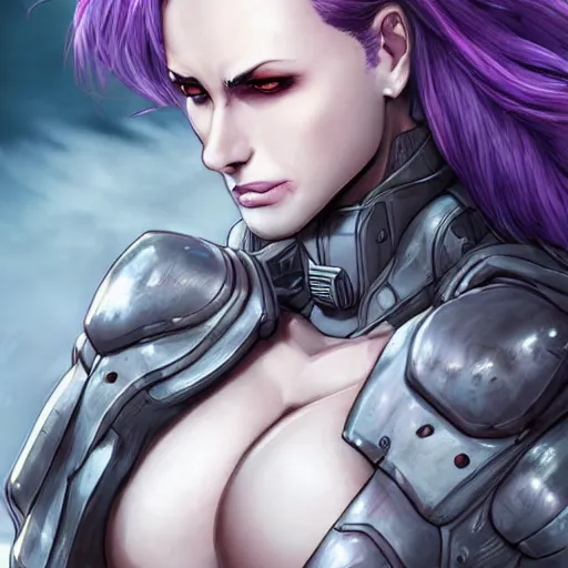 Prompt: extreme close up portrait, pale woman with flowing purple hair in rusty sci - fi power armor, high detail, eyepatch, stoic, elegant, muscles, powerful, commanding, by stjepan sejic, sunstone, dc comic, marvel comic