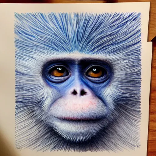 Image similar to Colored pencil art on paper, Blue Frost monkey, highly detailed, artstation, MasterPiece, Award-Winning, Caran d'Ache Luminance