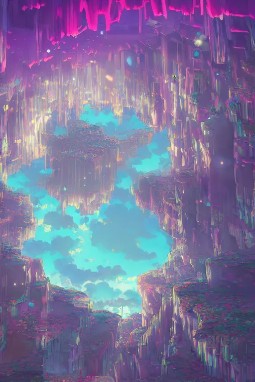 Prompt: cave city inception reflected on ceiling 4 k digital paint by studio ghibli hayao miyazaki. vivid colours, vaporwave lighting style, very sharp and detailed. trending on artstation and behance.