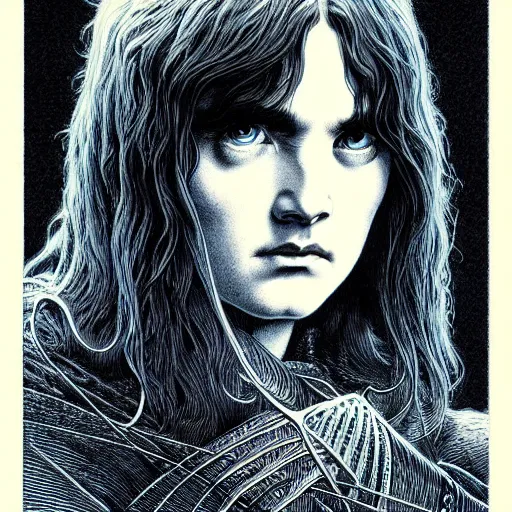 Image similar to medium portrait soft light, by bernie wrightson and joe fenton, inspired by lord of the rings, blue and grey only, etching, fine, sharp high detail,