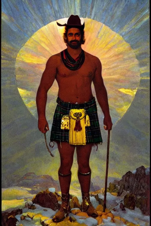 Prompt: a symmetrical homoerotic tarot card of a handsome shirtless desi adventurer wearing a scottish tartan kilt on a snowy mountain peak. he has a wooden staff, cowboy hat, and boots. background is a stained glass golden sunrise. art deco, art nouveau. by raja ravi varma, by louis comfort tiffany, by albert bierstadt. trending on artstation.