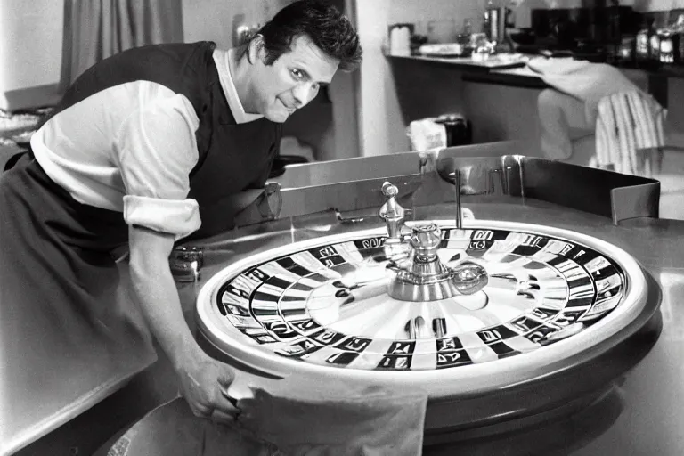 Prompt: italian chef taking a bath on a roulette table fisher - price scene from tv show 5 5 mm